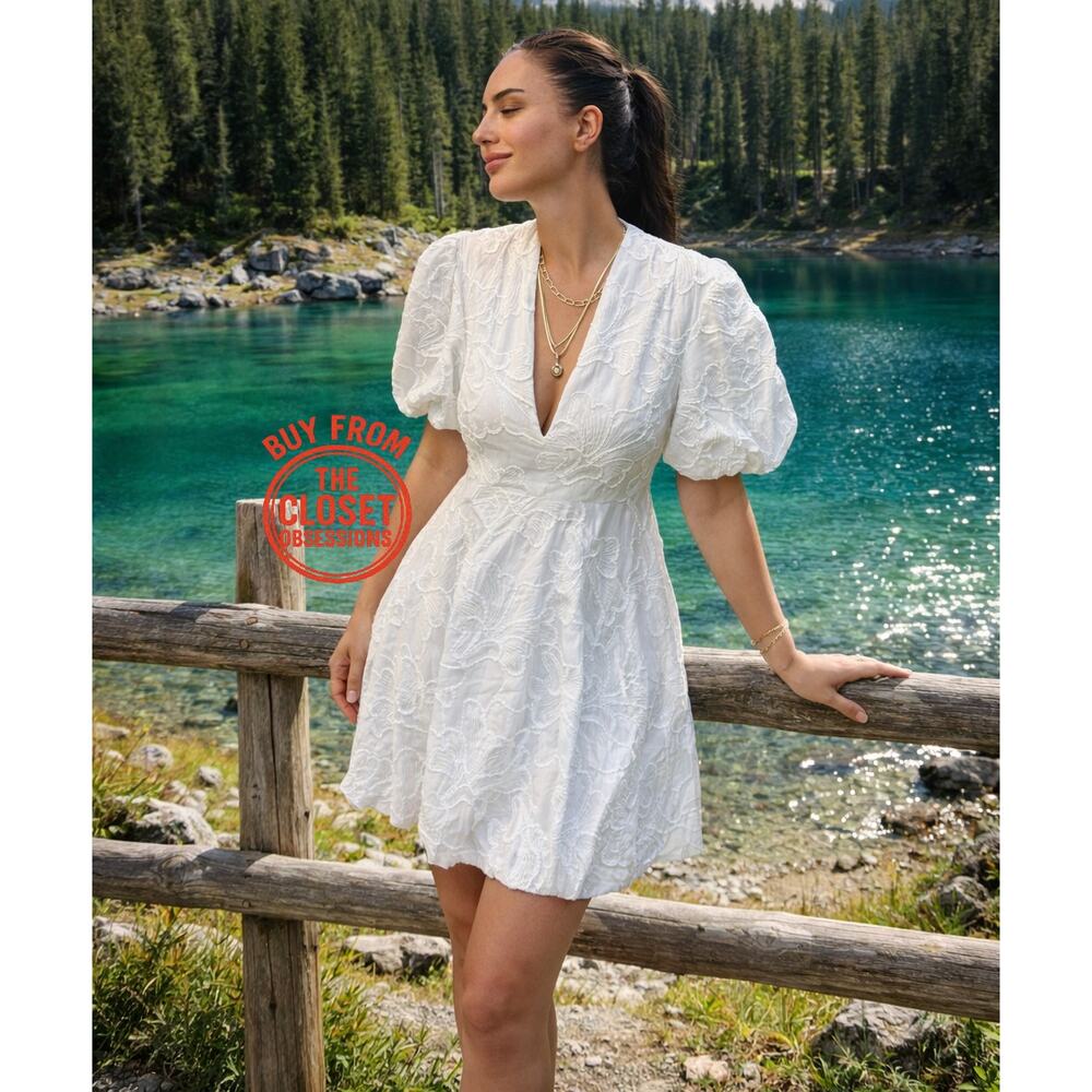 ZARA White Embroidered Balloon Hem Mini Dress NWT
